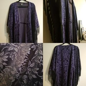 Killstar 3XL Purple Rose & Skull Velvet Kimono Cardigan Tassel Fringe Sleeves